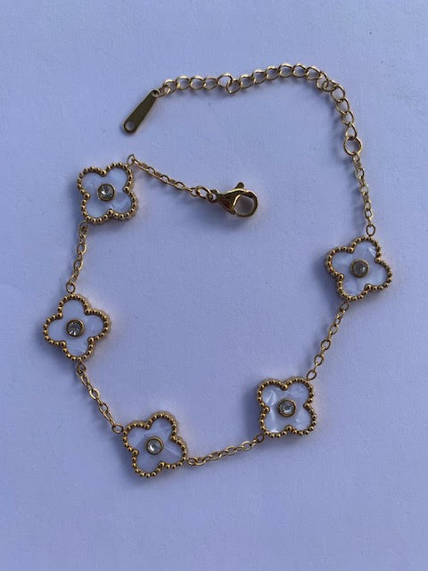 Four leaf clover 18K gold plated beige with zircon stones bracelet